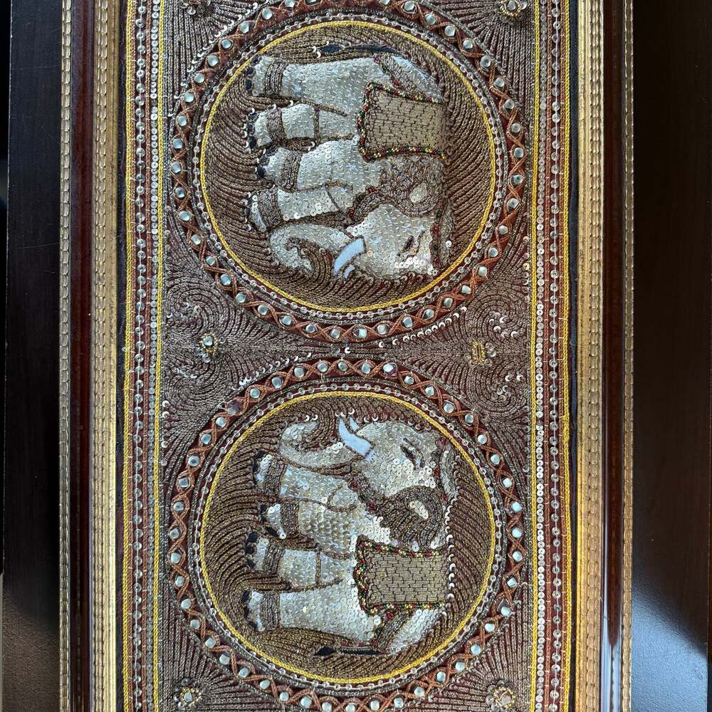 Handmade Sequin & Gold Embroidered Elephant Wall Art Framed Decor